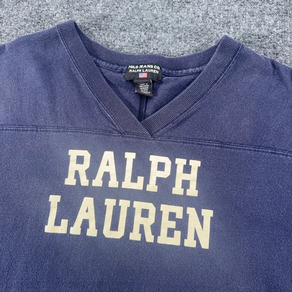 Polo Jeans Co Ralph Lauren Mens XL V-Neck Graphic T-Shirt Navy Blue Cotton - Picture 2 of 6